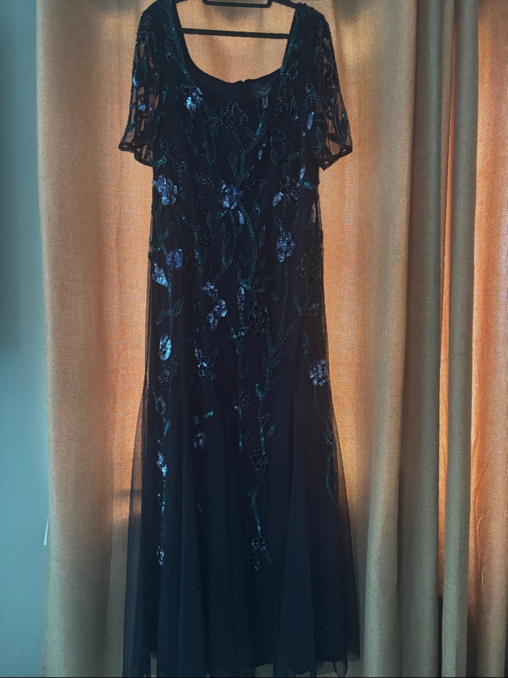 Adrianna Papell Navy Beaded Floral Asymmetrical Gown